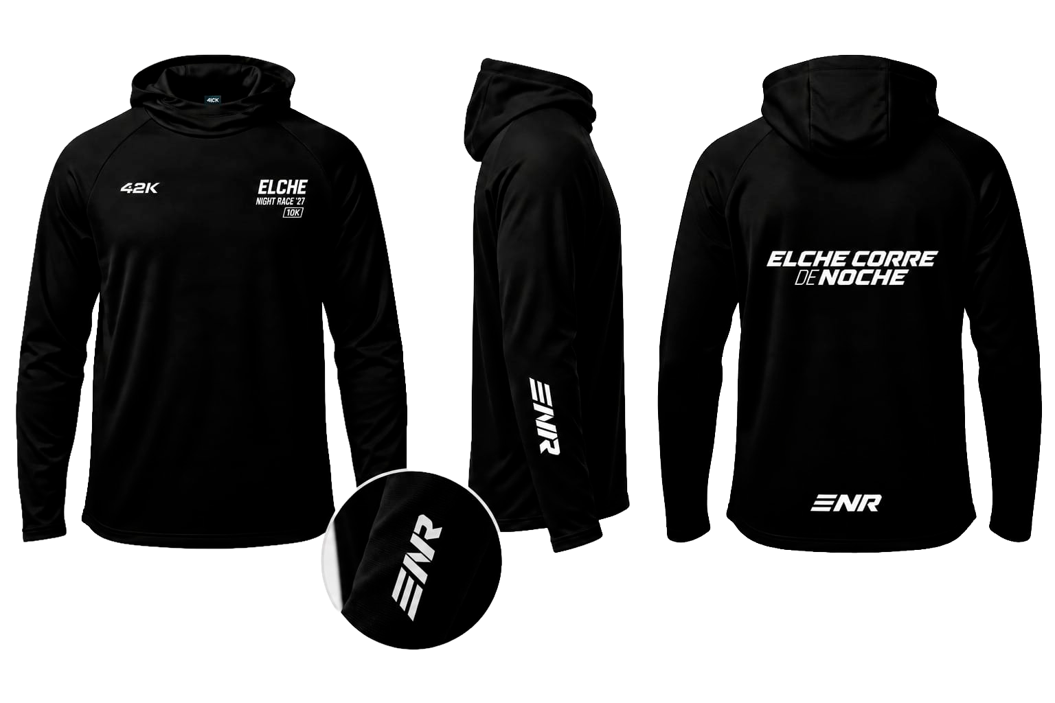 Sudadera oficial negra de Elche Night Race 2027, vista de frente, de lado y por detrás